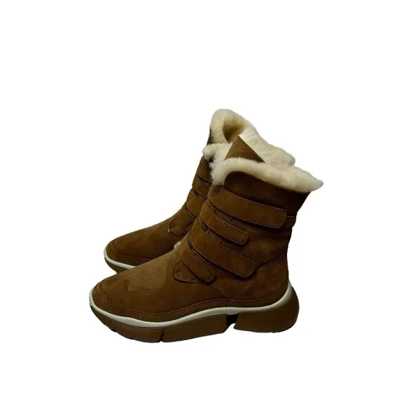 AU&amp;MU Classic Retro Hook and Loop Suede Sheepskin Winter Wedge Snow Boots Sz 8.5